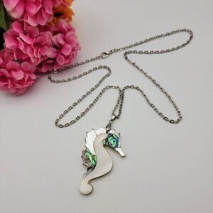 Hand Carved Mother of Pearl Seahorse Pendant Necklace 29" Coastal Beach Nautical